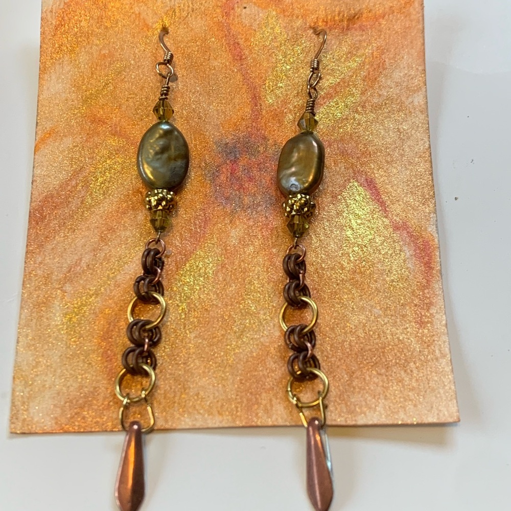 Handmade Gold and Bronze freshwater Baroque Pearl Earrings with Chainmail